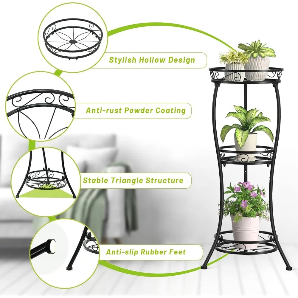 Three Tier Tall Metal Plant Stand 33 Inch Indoor Outdoor Rustproof Flower Pot Holder Display Rack Corner Garden Balcony