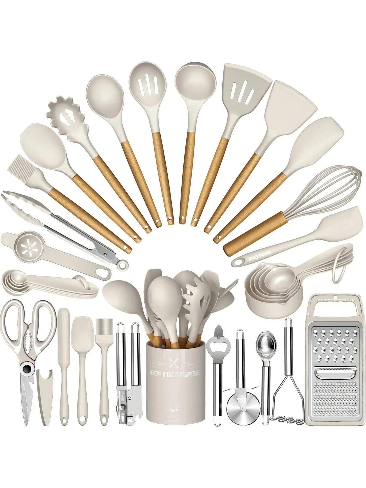 Silicone Kitchen Utensils Set With Holder Wooden Handles