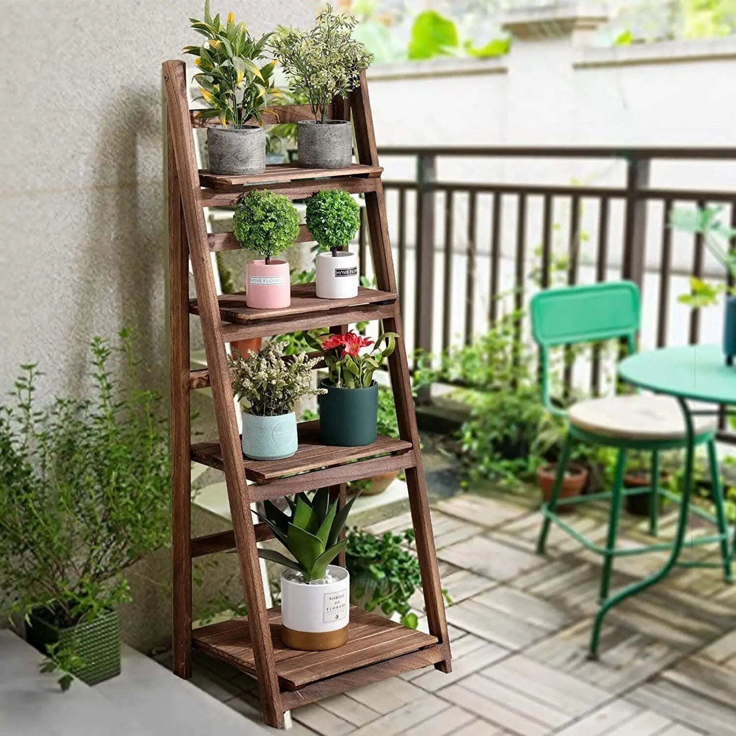 Wooden Folding 4 Tier Ladder Shelf