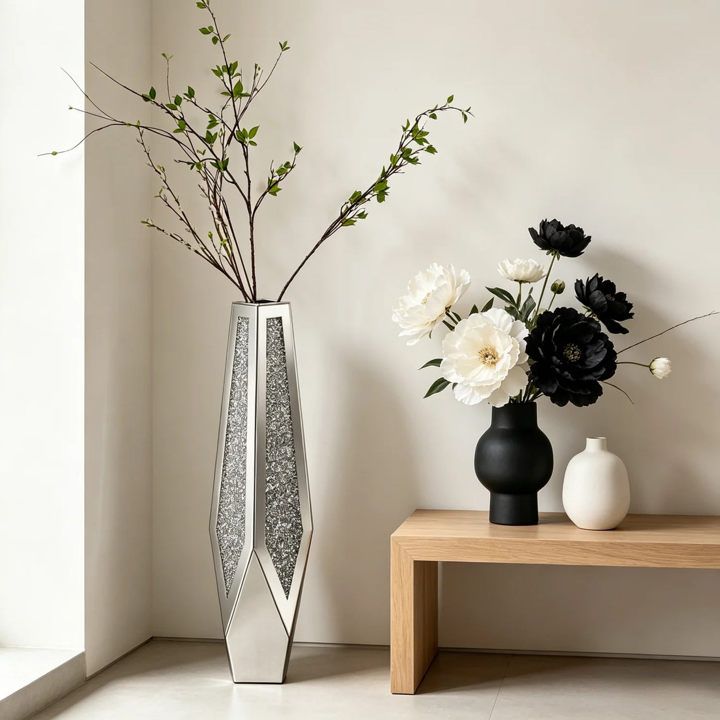 Various Styles,  Crushed Diamond Mirrored tall Vase.  Home Decor for Living Room Bedroom