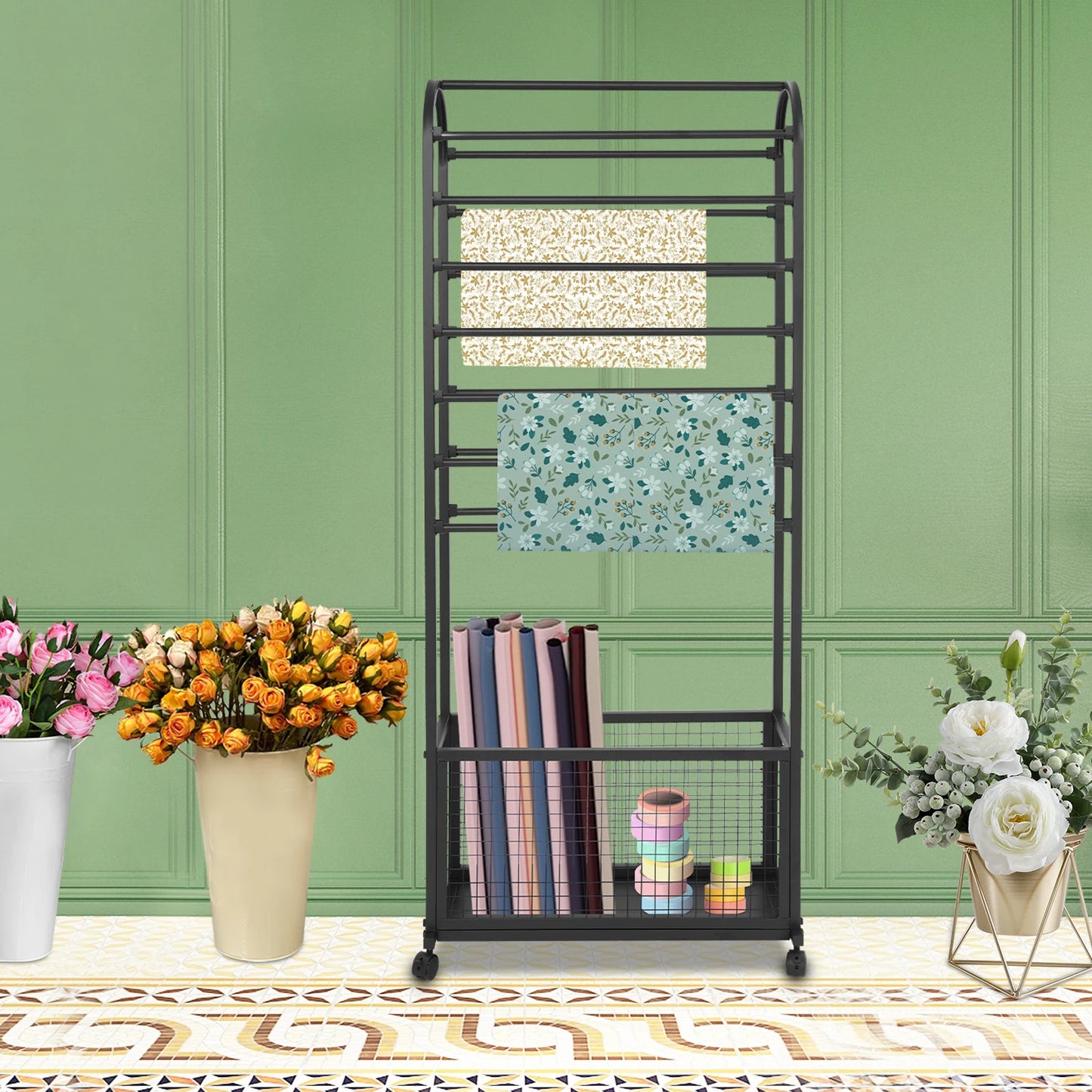 Metal Rolling Ribbon Holder Organizer Rack 15 Rods