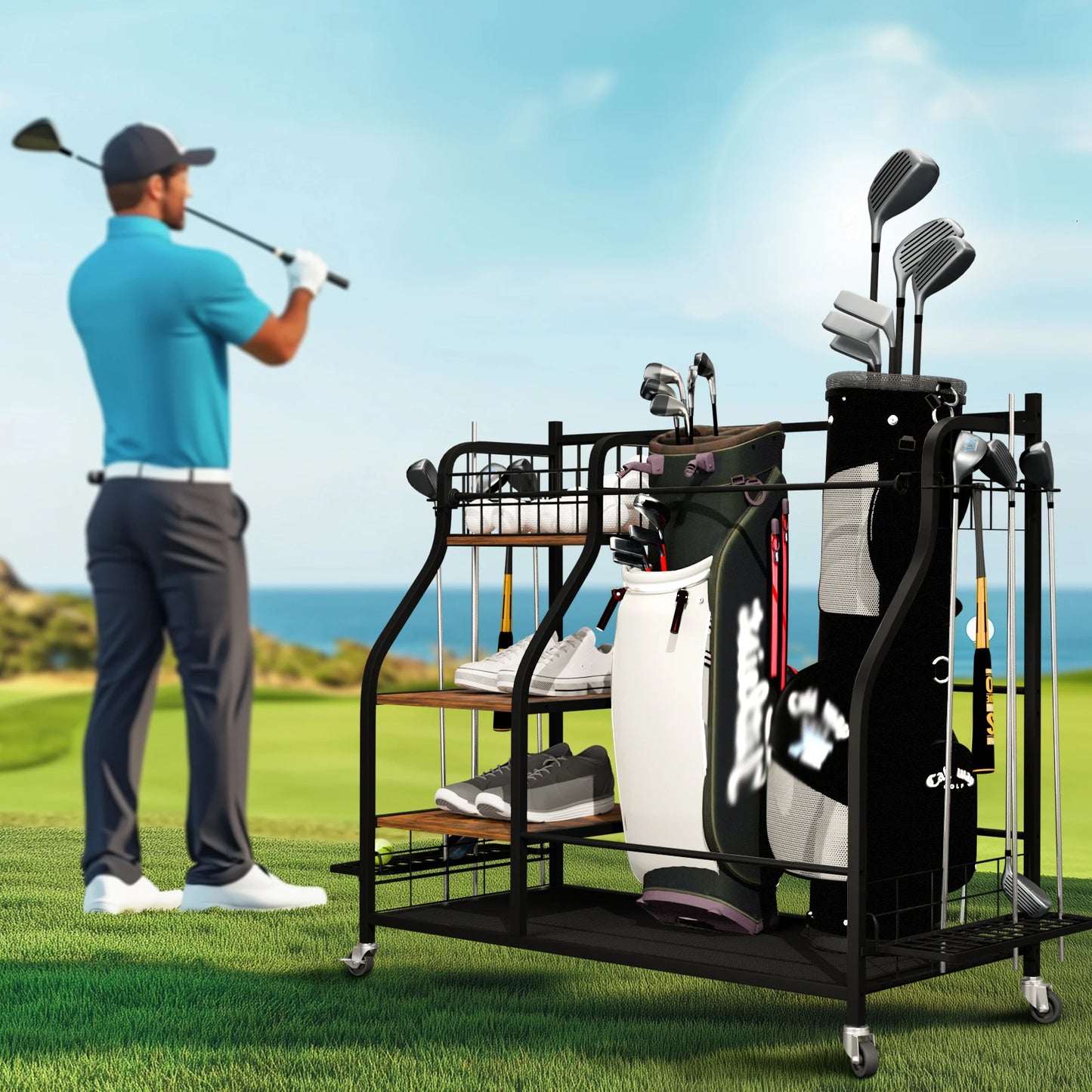 Multifunctional Rolling Golf Bags Storage Shelf Metal Sports Equipment Organizer Rack with Wheels