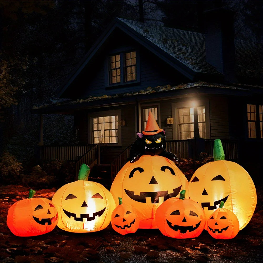 Halloween Pumpkin Inflatable With Witch Cat Lights