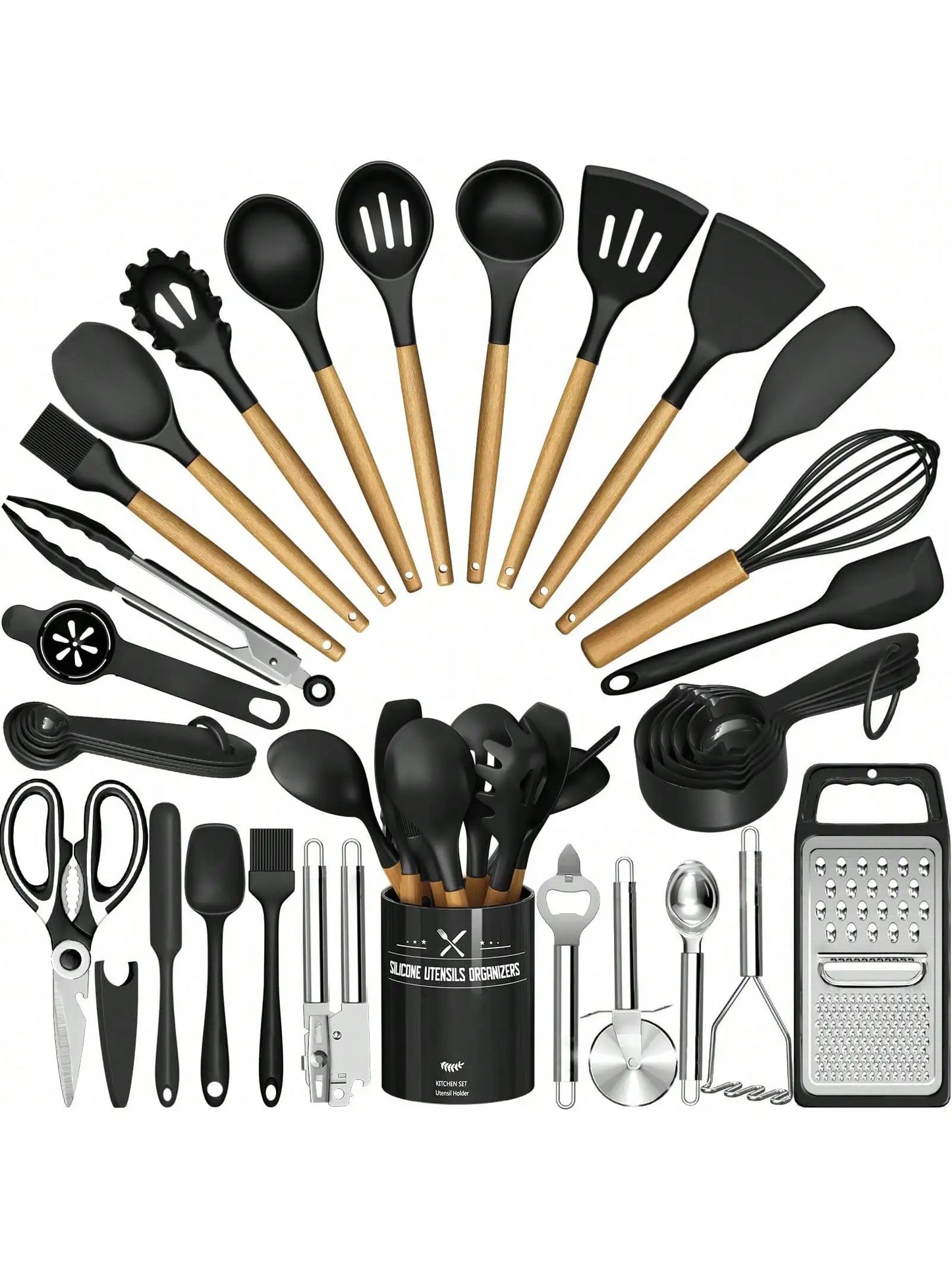 Silicone Kitchen Utensils Set With Holder Wooden Handles