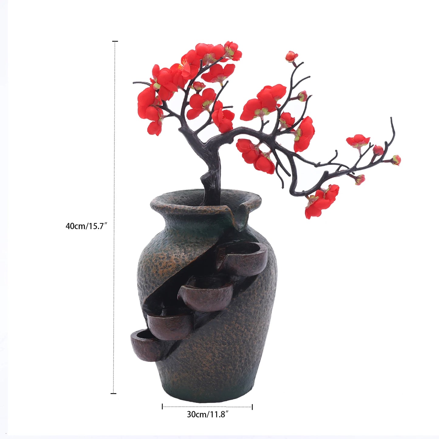 Desk Water Fountain, Tabletop Fountain Vase with Simulated Flowers, 110V 2.5W Resin Decorative Ornament for Office Home