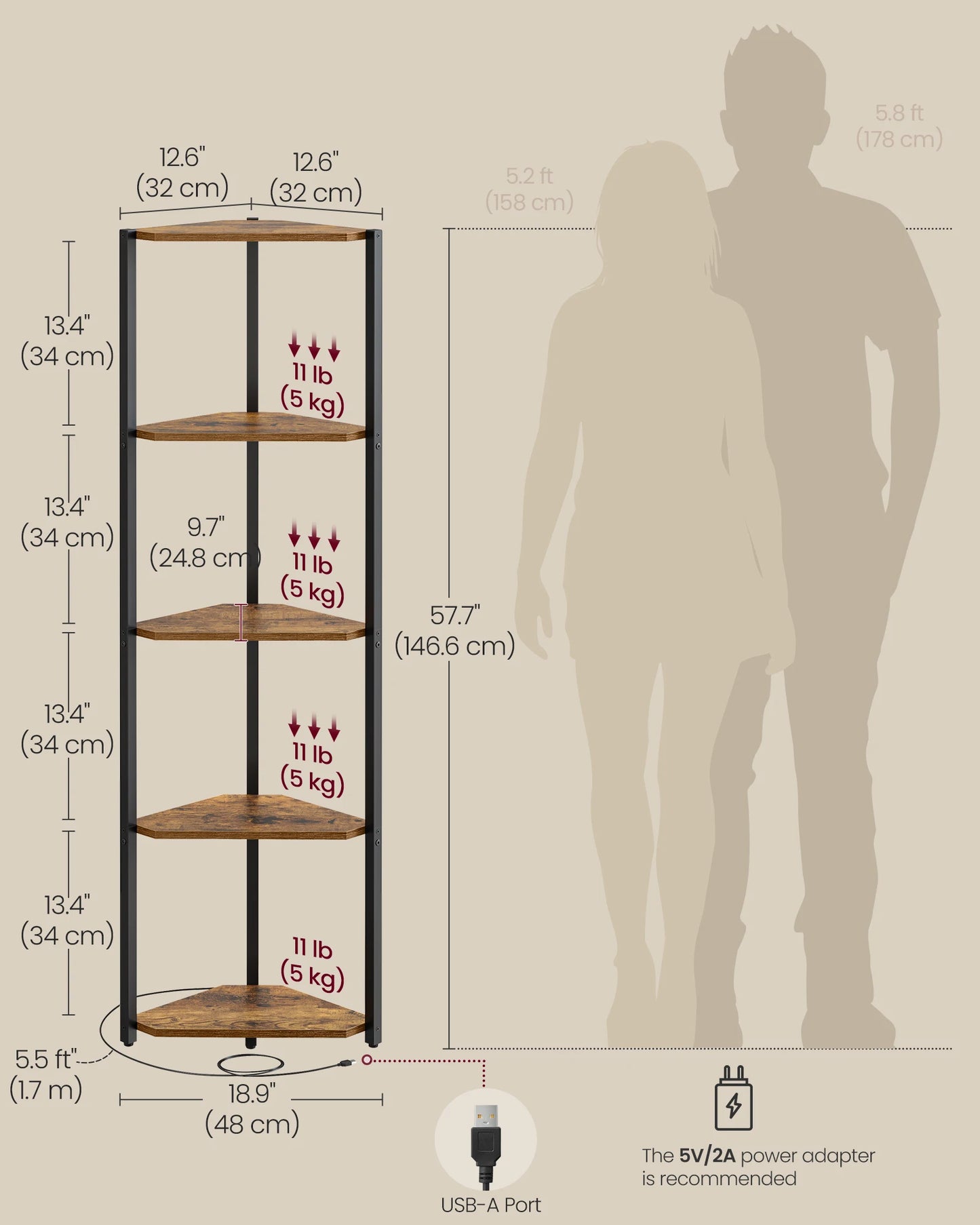 VASAGLE Corner Shelf Stand with LED Lights, 5-Tier Corner Bookshelf, Storage Shelf with Steel Frame, 9.8 x 18.9 x 57.7 Inches, f