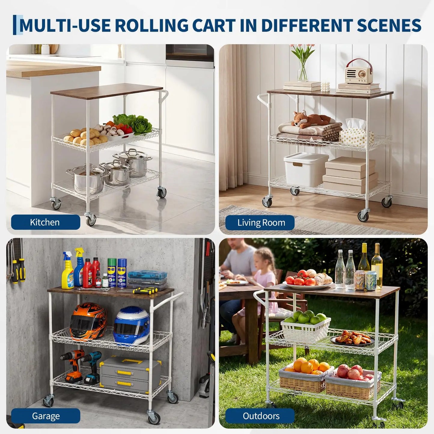Kitchen Trolley on Wheels, 250KG Capacity Rolling Kitchen Island with Wood Top & Height Adjustable Basket Storage Shelves, 3-Tier Microwave Cart with Lockable Wheels, 2 Shelf Liners & 10 Hooks