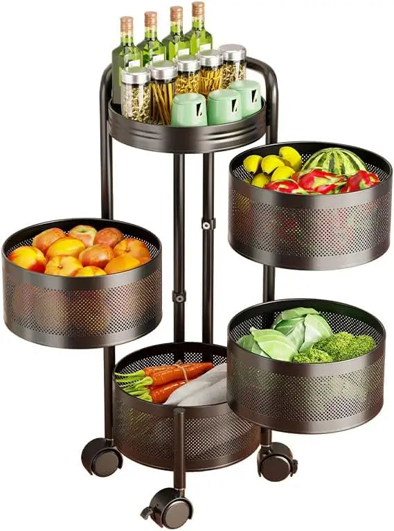 4-Tier /5-Tier Thickened Carbon Steel Rotating Kitchen Storage Cart with Wheels, Mobile Utility Rack with Top Lid, Fruit Vegetable Basket, Rotating Produce Organizer for Bathroom Living Room, No Assembly