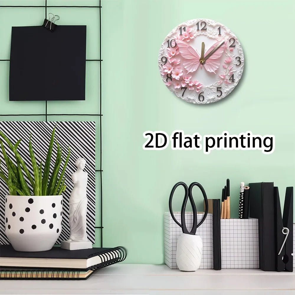 1 Elegant Pink Butterfly Wall Clock with Floral Pattern - Silent Non-Ticking Battery Operated Wooden Round Clock for Home Decor,