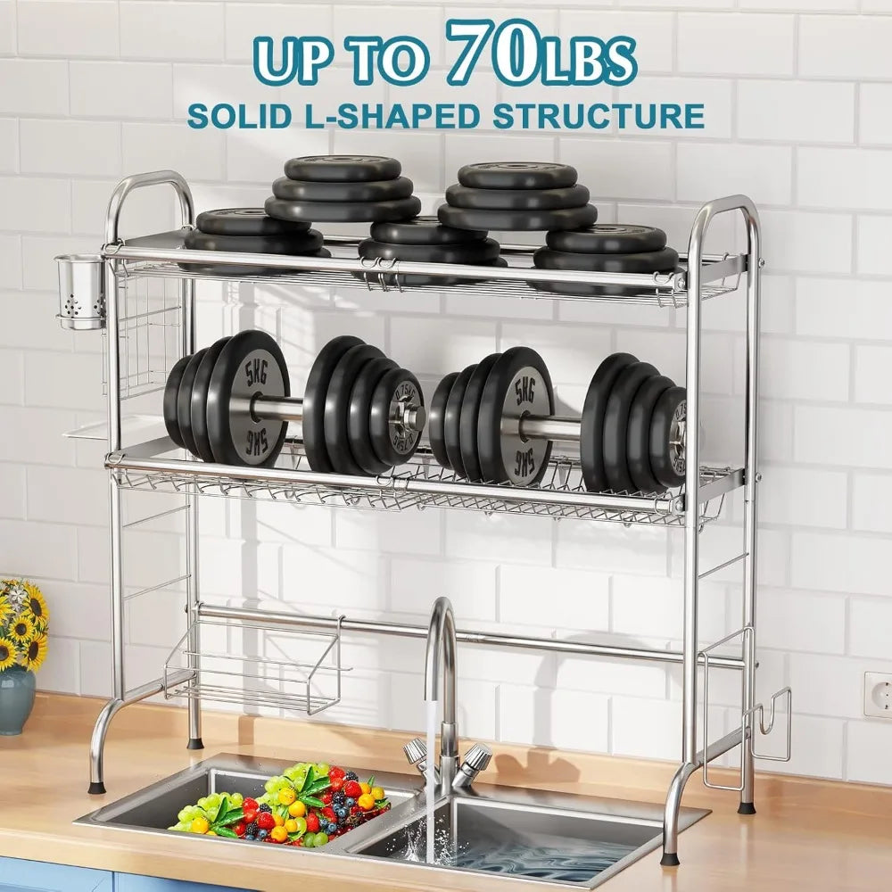Two Tier Over Sink Dish Drying Rack with Utensil Holder Large Kitchen Counter Storage