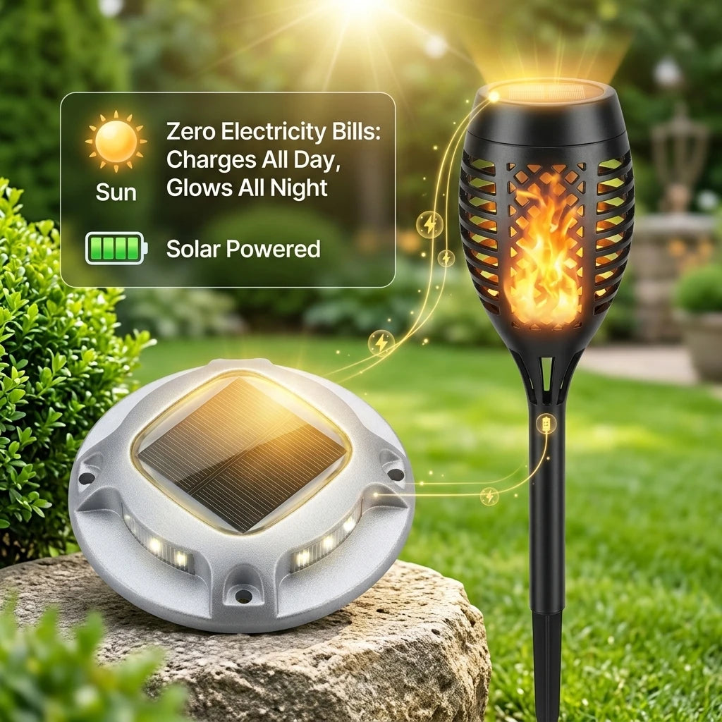 Solar Flame Torch And Ground Pathway Lights Set