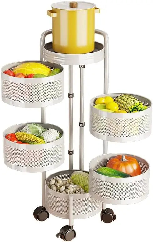 4-Tier /5-Tier Thickened Carbon Steel Rotating Kitchen Storage Cart with Wheels, Mobile Utility Rack with Top Lid, Fruit Vegetable Basket, Rotating Produce Organizer for Bathroom Living Room, No Assembly