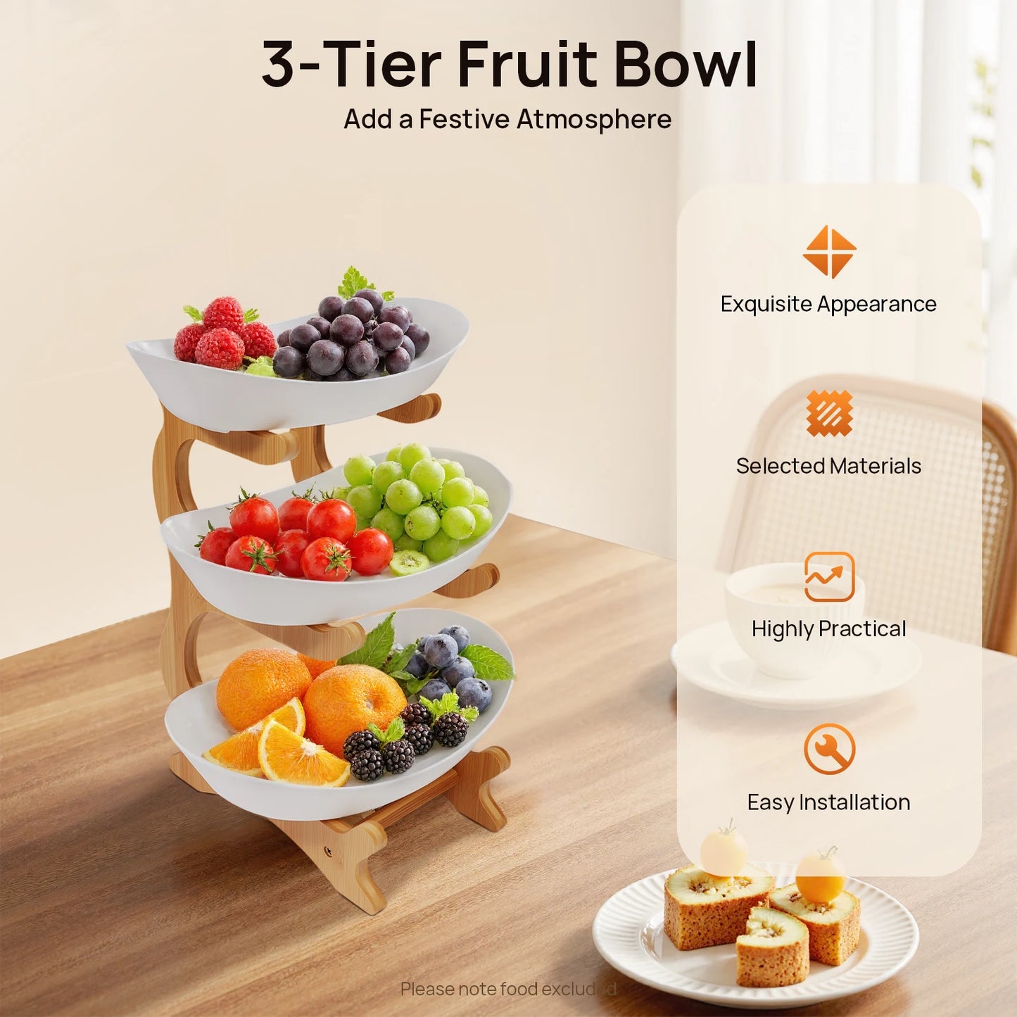 3 Tier Fruit Plate With Bamboo Wood Stand