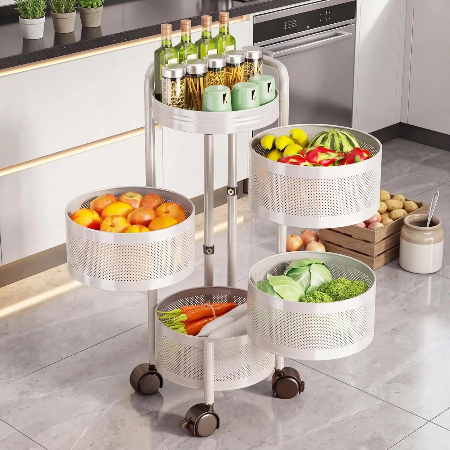 4-Tier /5-Tier Thickened Carbon Steel Rotating Kitchen Storage Cart with Wheels, Mobile Utility Rack with Top Lid, Fruit Vegetable Basket, Rotating Produce Organizer for Bathroom Living Room, No Assembly