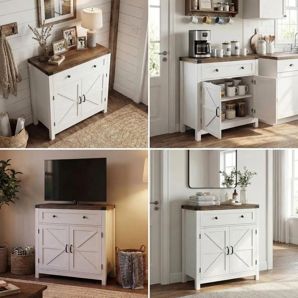 Barn Door Accent Cabinet With Drawer And Adjustable Shelves