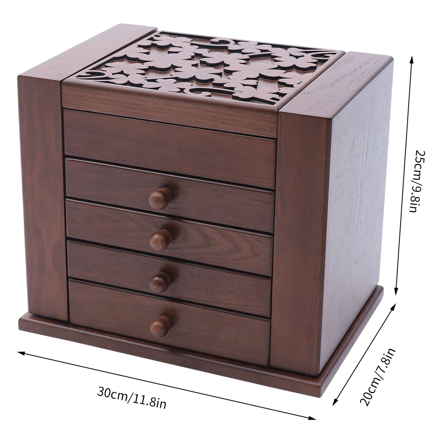 Jewelry Organizer Box, Multi-Compartment Storage Case with 4 Drawers & 6 Hooks & Built-in Mirror, Space-Saving MDF Vanity Stand for Rings Necklaces Earrings & Cosmetics