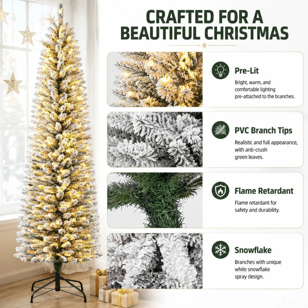 Slim Snow Flocked Prelit Christmas Tree With Warm Lights