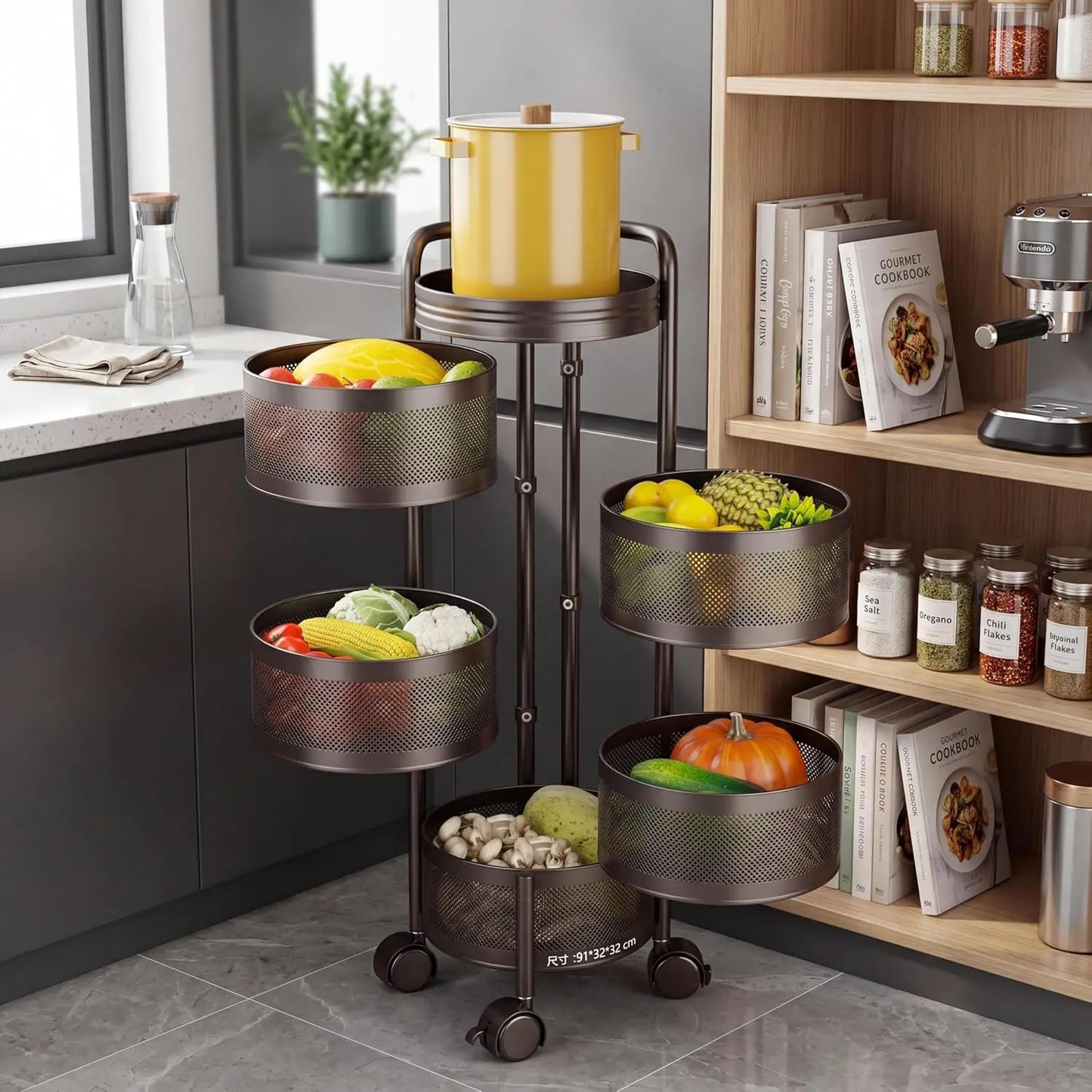 4-Tier /5-Tier Thickened Carbon Steel Rotating Kitchen Storage Cart with Wheels, Mobile Utility Rack with Top Lid, Fruit Vegetable Basket, Rotating Produce Organizer for Bathroom Living Room, No Assembly