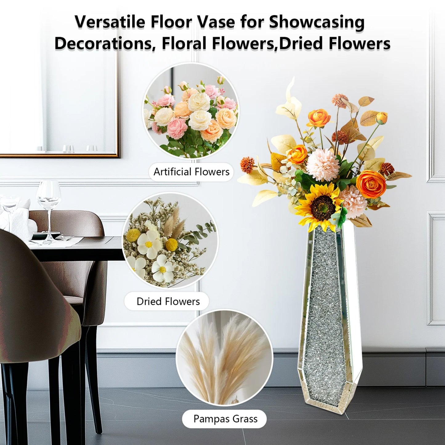 Various Styles,  Crushed Diamond Mirrored tall Vase.  Home Decor for Living Room Bedroom
