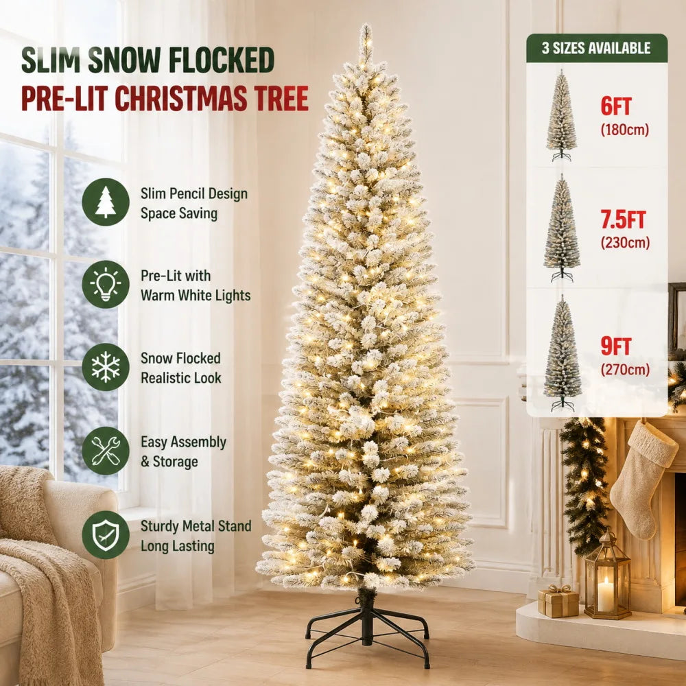 Slim Snow Flocked Prelit Christmas Tree With Warm Lights