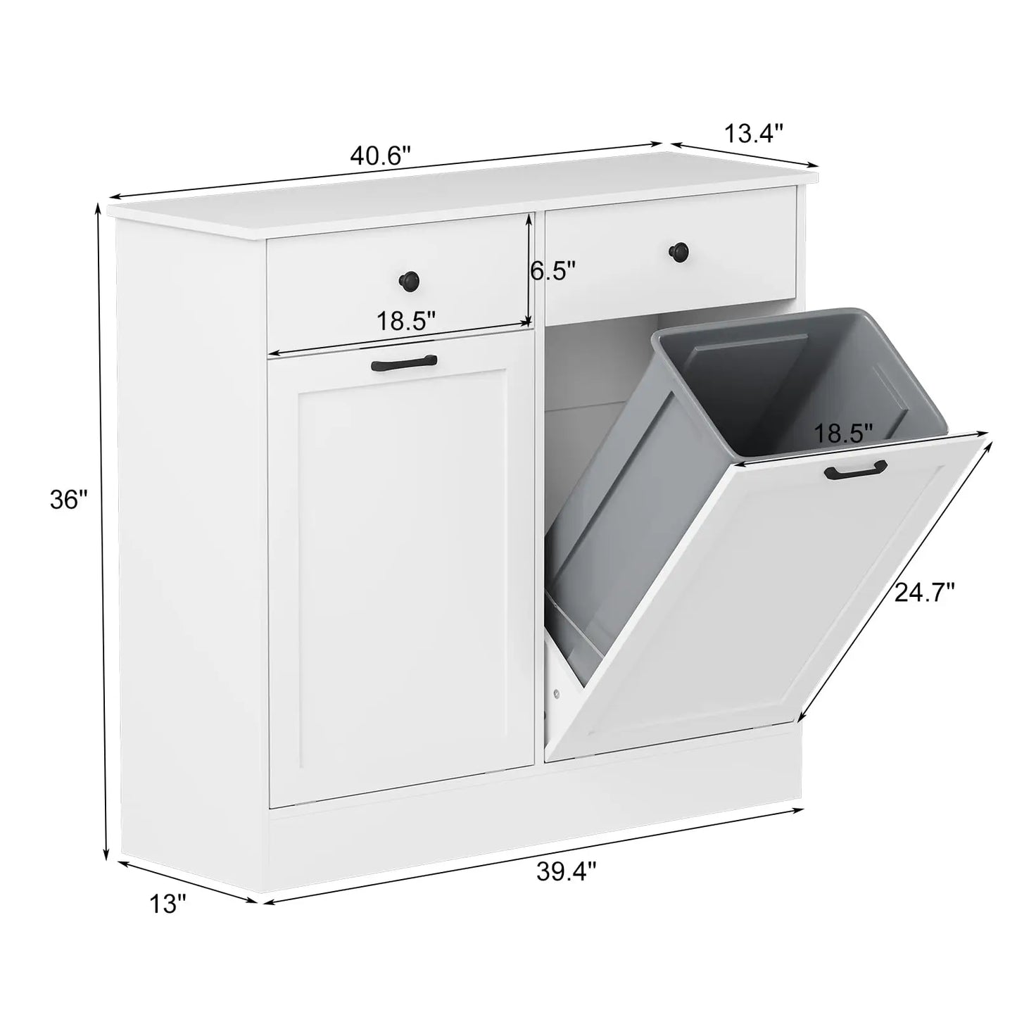 20 Gallon Double Tilt Out Trash Can Cabinet, Wooden Hidden Garbage Bin Cabinet with Deodorizer Function & Drawer, Pet-Proof Laundry Hamper Cabinet, White, No Pattern