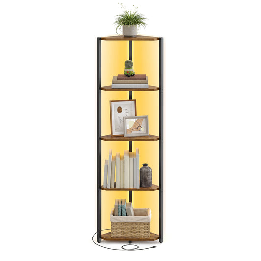 VASAGLE Corner Shelf Stand with LED Lights, 5-Tier Corner Bookshelf, Storage Shelf with Steel Frame, 9.8 x 18.9 x 57.7 Inches, f