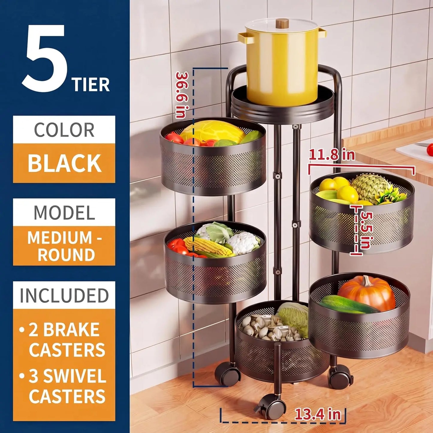 4-Tier /5-Tier Thickened Carbon Steel Rotating Kitchen Storage Cart with Wheels, Mobile Utility Rack with Top Lid, Fruit Vegetable Basket, Rotating Produce Organizer for Bathroom Living Room, No Assembly