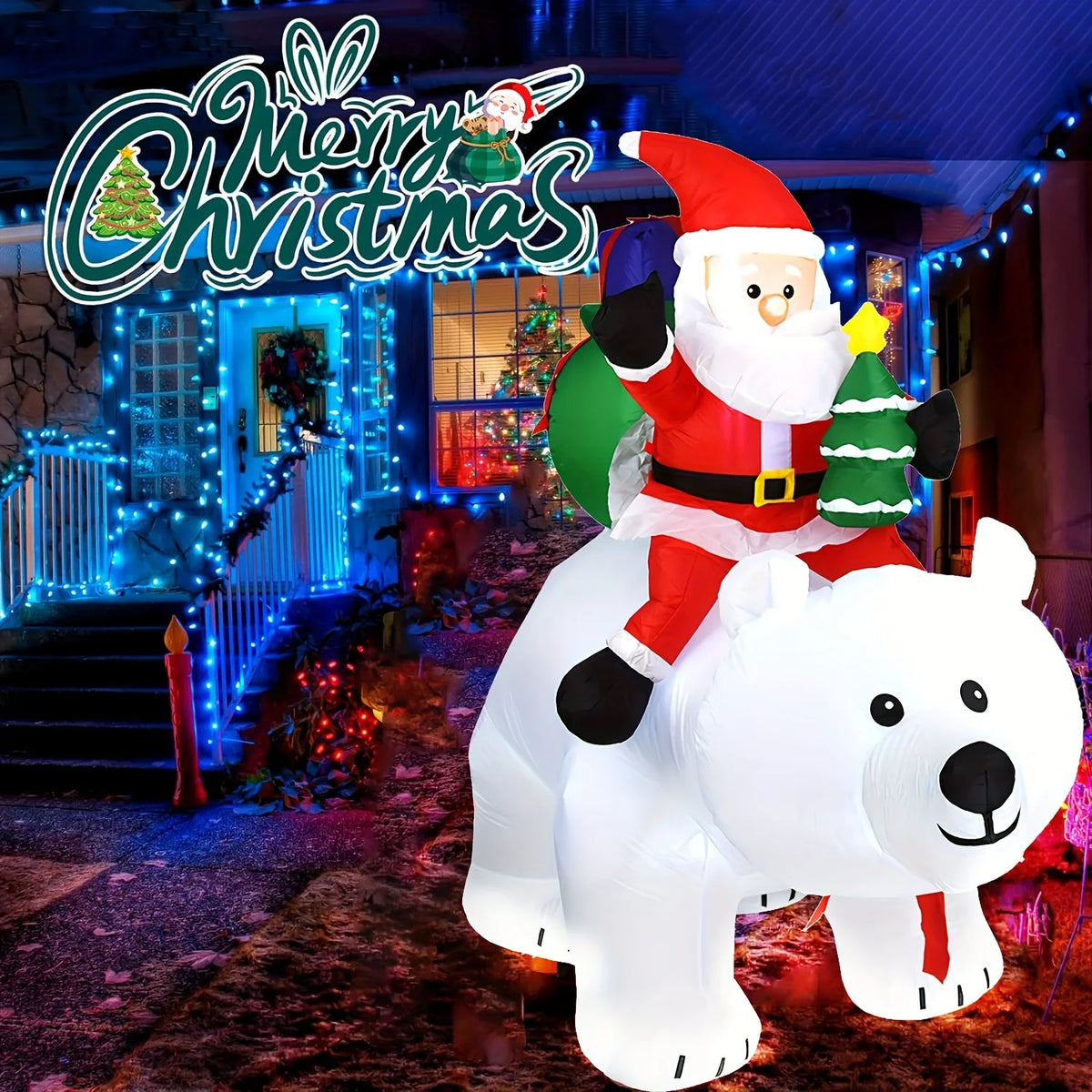 Santa Riding Polar Bear LED Christmas Inflatable
