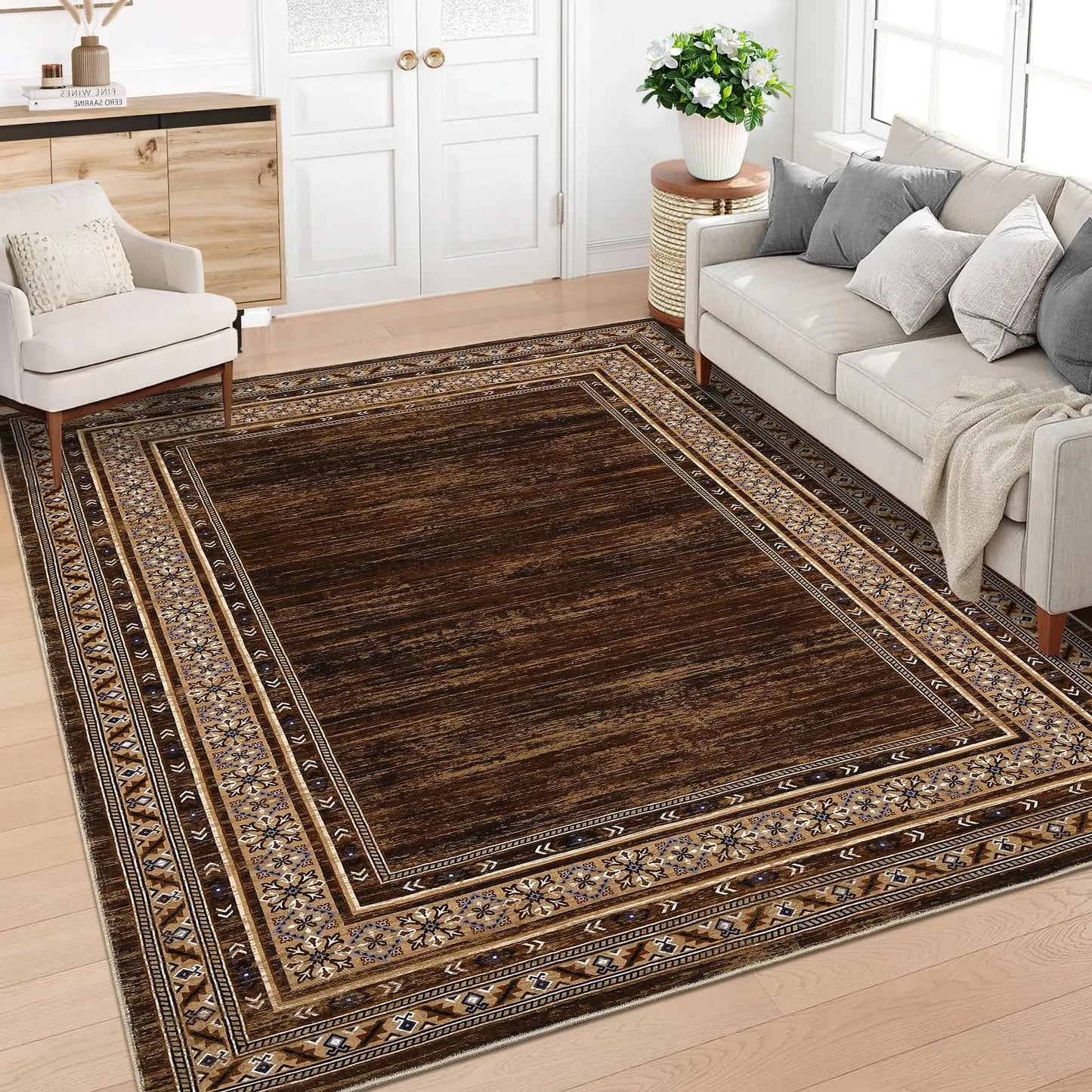 Area Rug 8x10 Washable Rug Brown Modern Living Room Rugs Soft Non Slip Throw Carpet Low Pile Bordered Contemporary Floor Cover for Bedroom Dining Room Foldable Thin Rugs