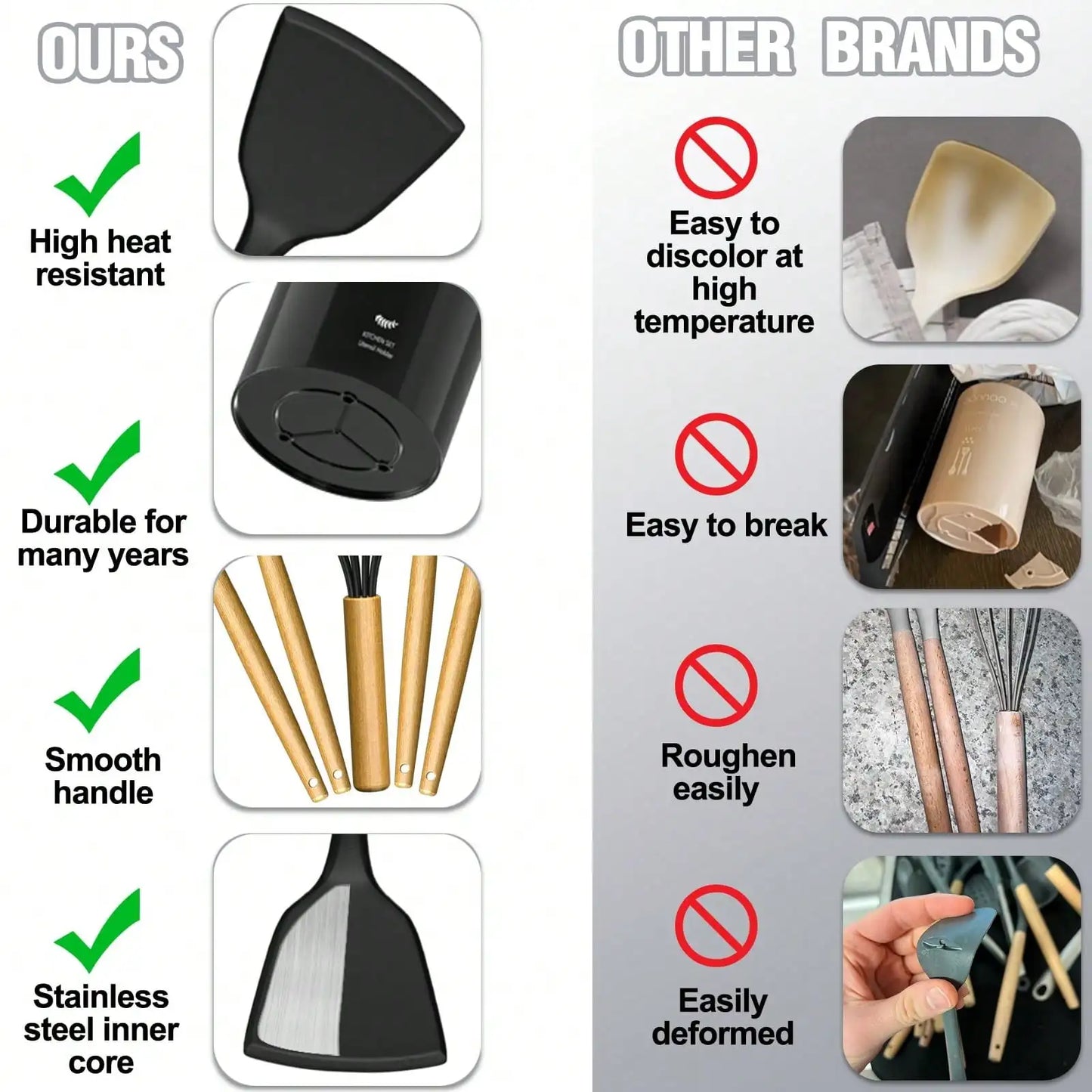 Silicone Kitchen Utensils Set With Holder Wooden Handles