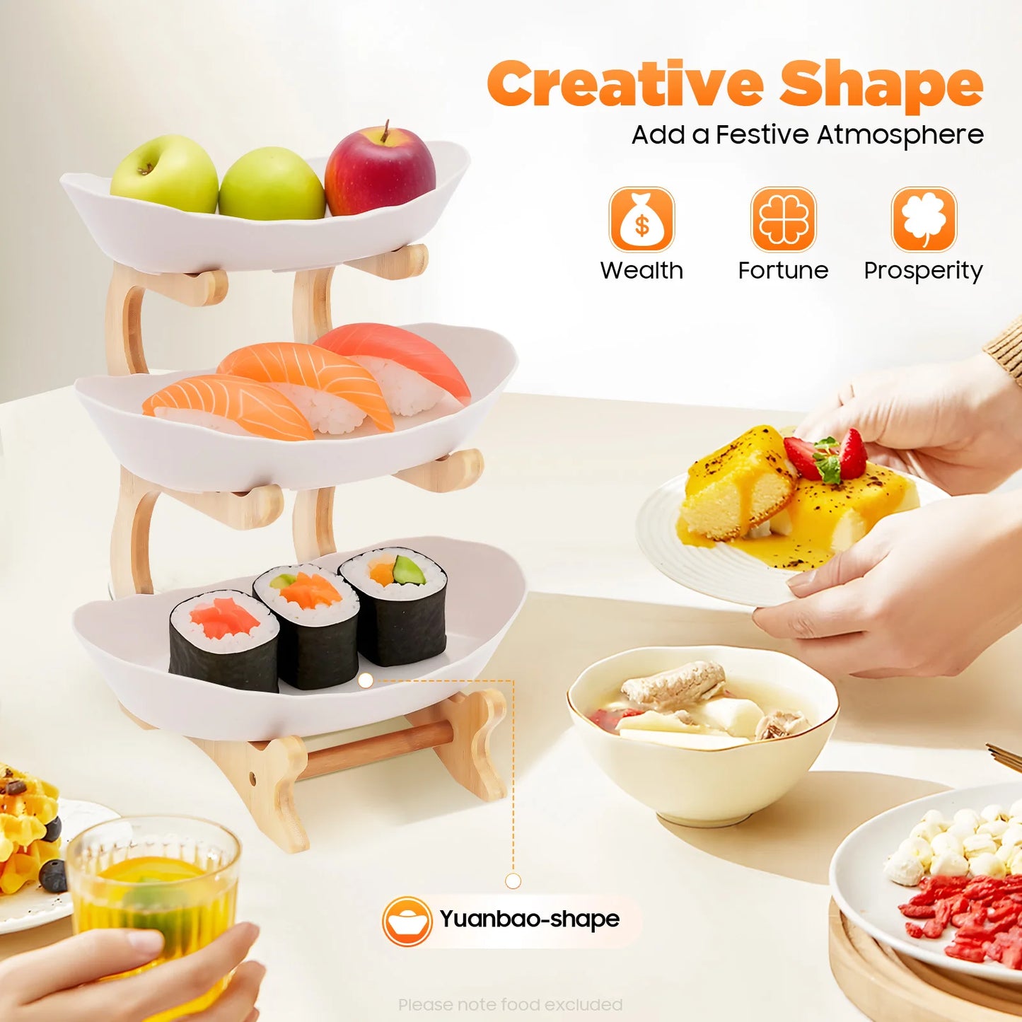 3 Tier Fruit Plate With Bamboo Wood Stand