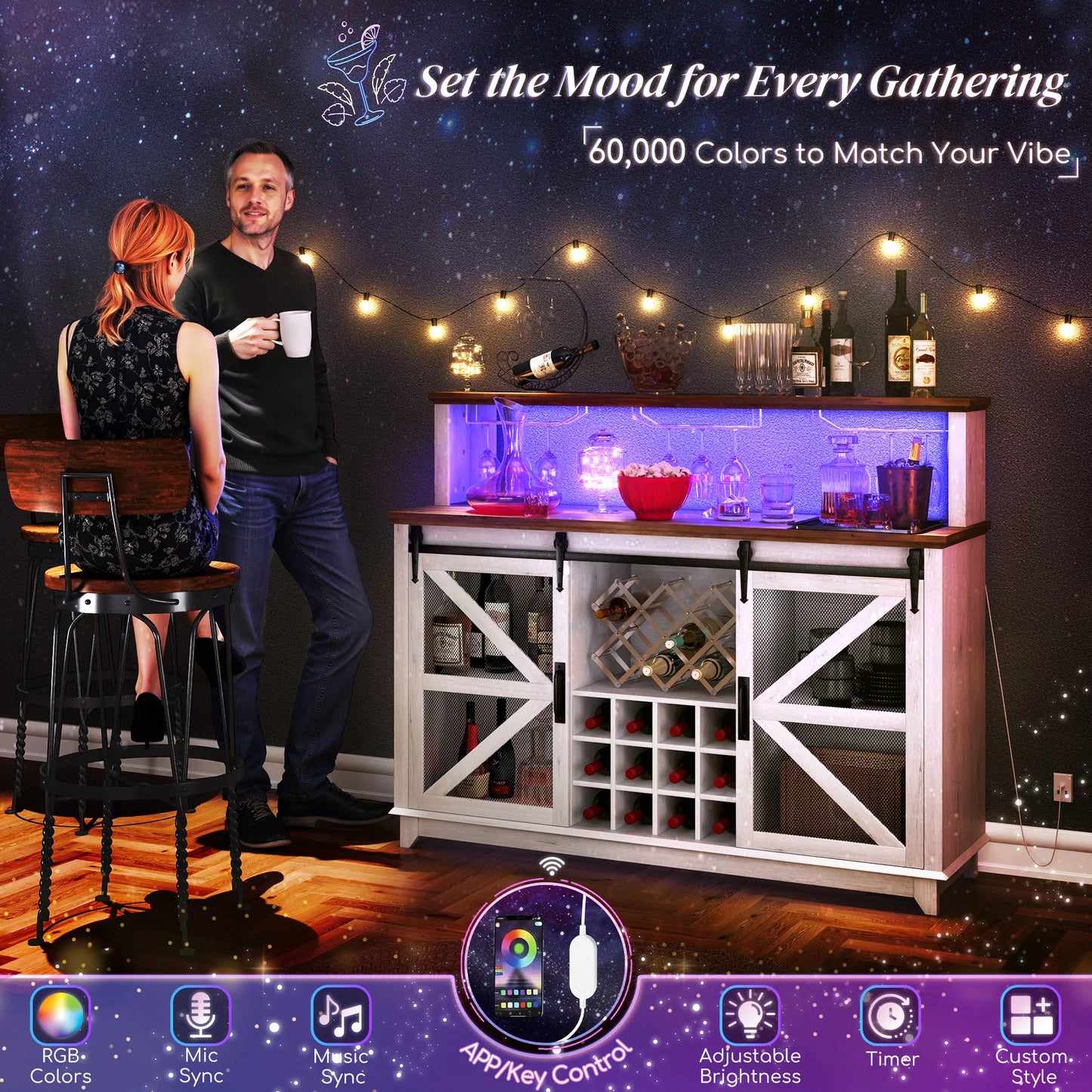 Farmhouse LED Coffee Bar Cabinet With Wine Rack