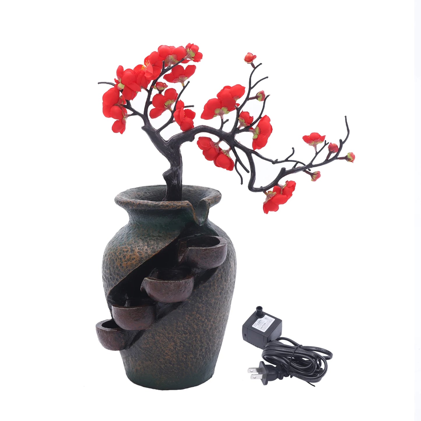 Desk Water Fountain, Tabletop Fountain Vase with Simulated Flowers, 110V 2.5W Resin Decorative Ornament for Office Home