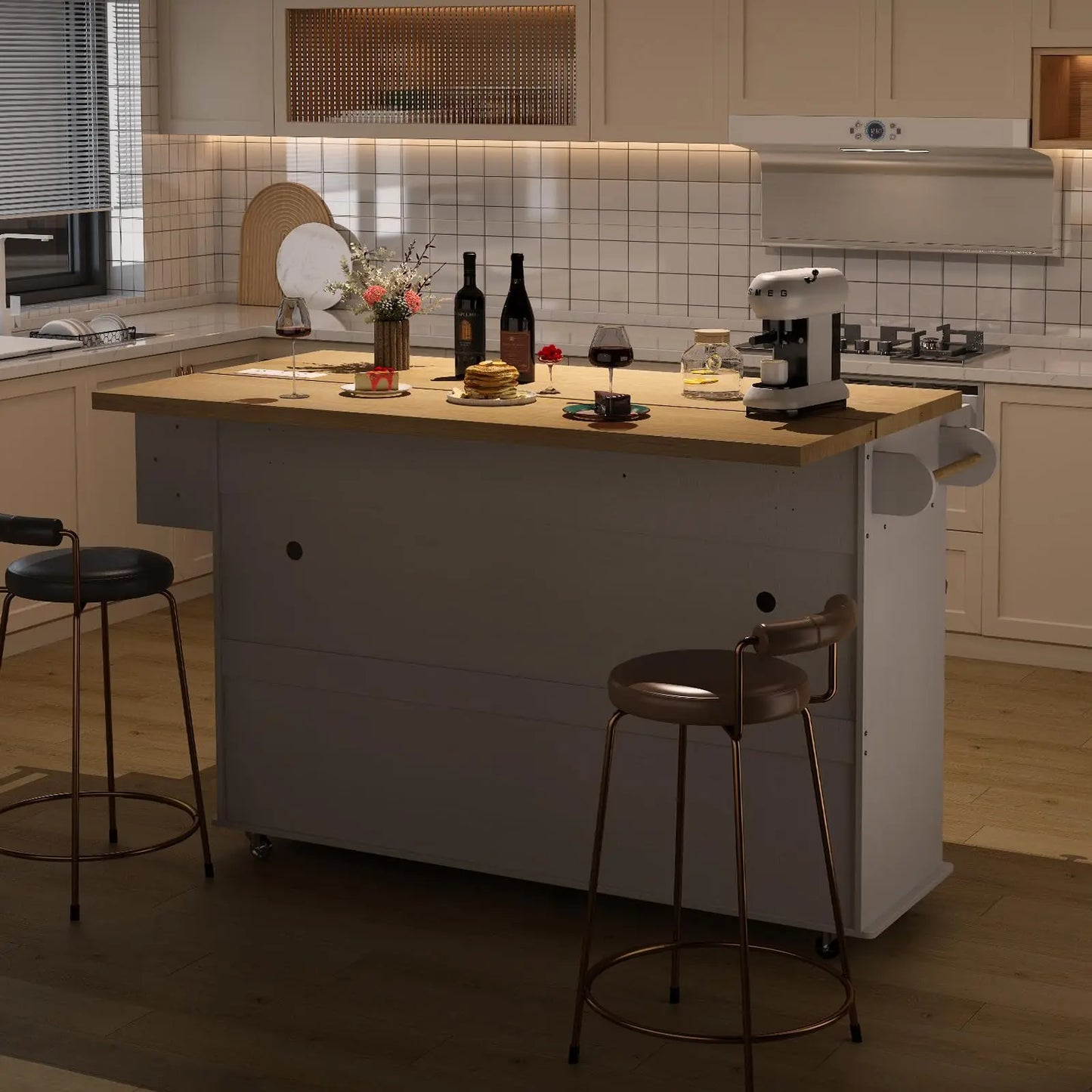 60" Mobile Kitchen rolling Island. Table Drop Leaf Cart with Power Outlet, Spice & Towel Rack.  Plus trash bin.