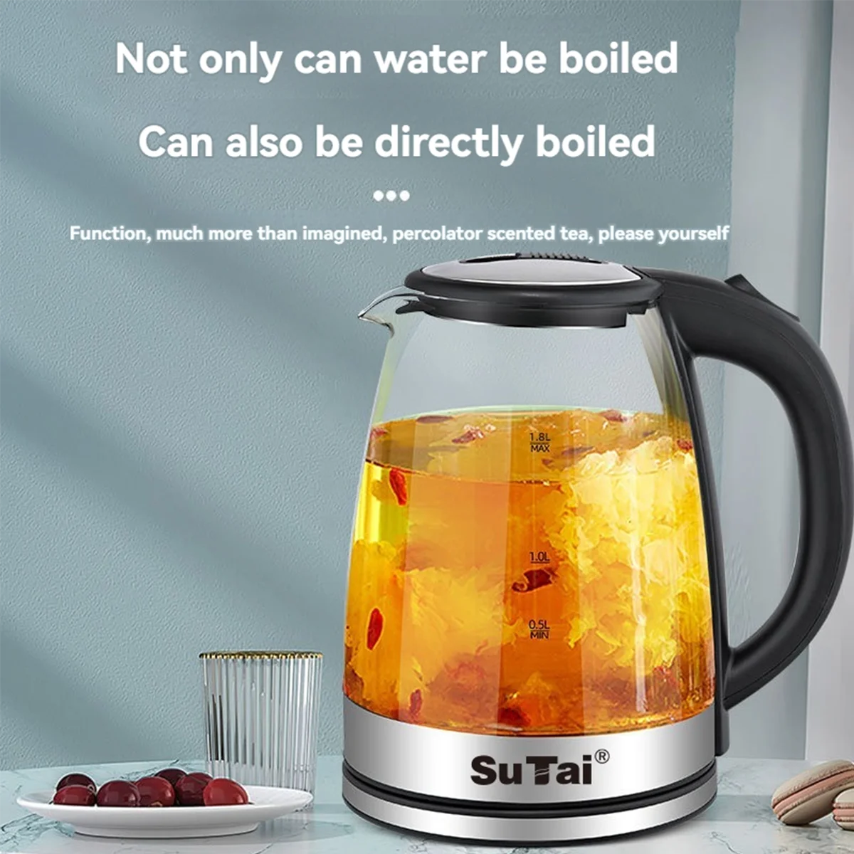 1000W Electric Glass Kettle With Stainless Steel