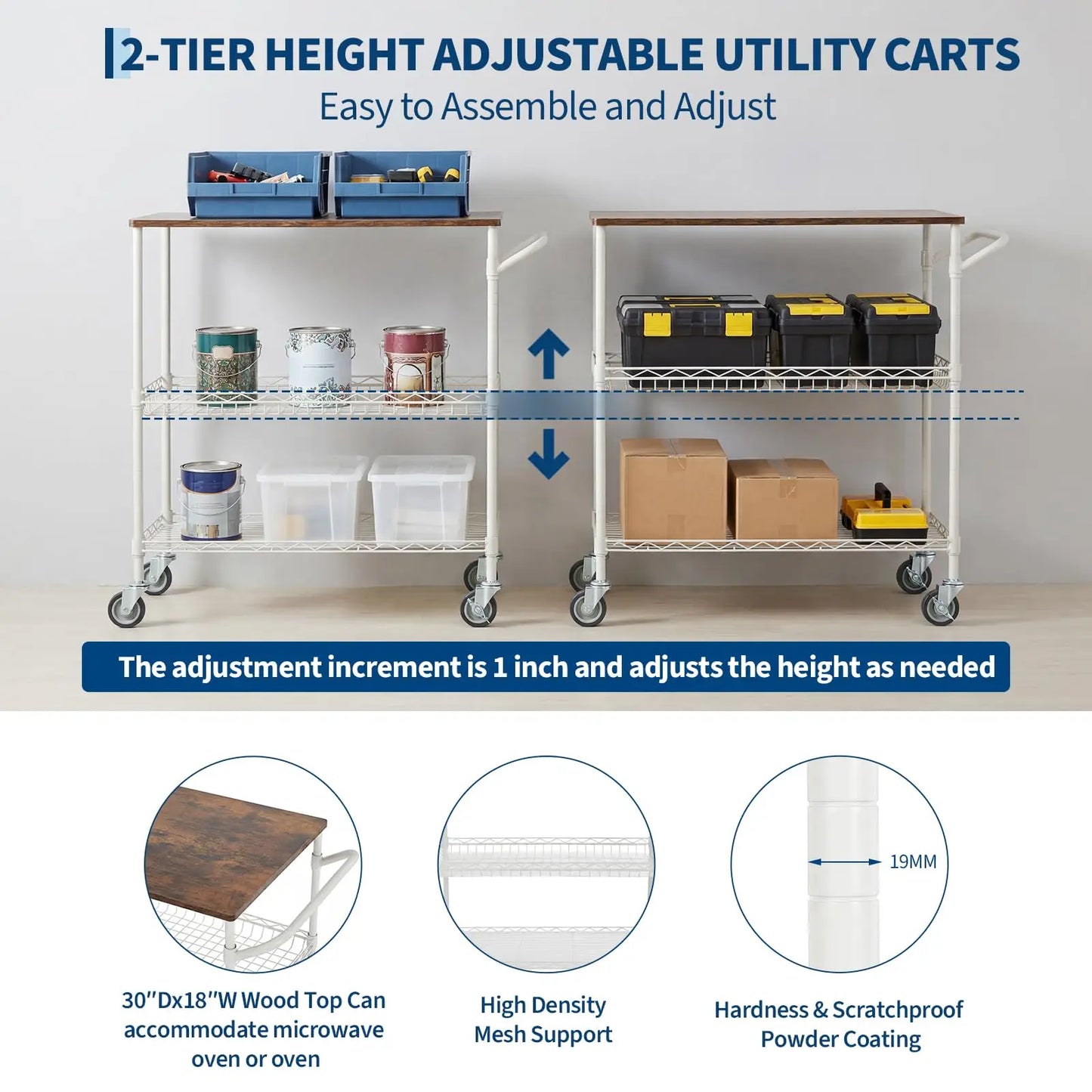 Kitchen Trolley on Wheels, 250KG Capacity Rolling Kitchen Island with Wood Top & Height Adjustable Basket Storage Shelves, 3-Tier Microwave Cart with Lockable Wheels, 2 Shelf Liners & 10 Hooks