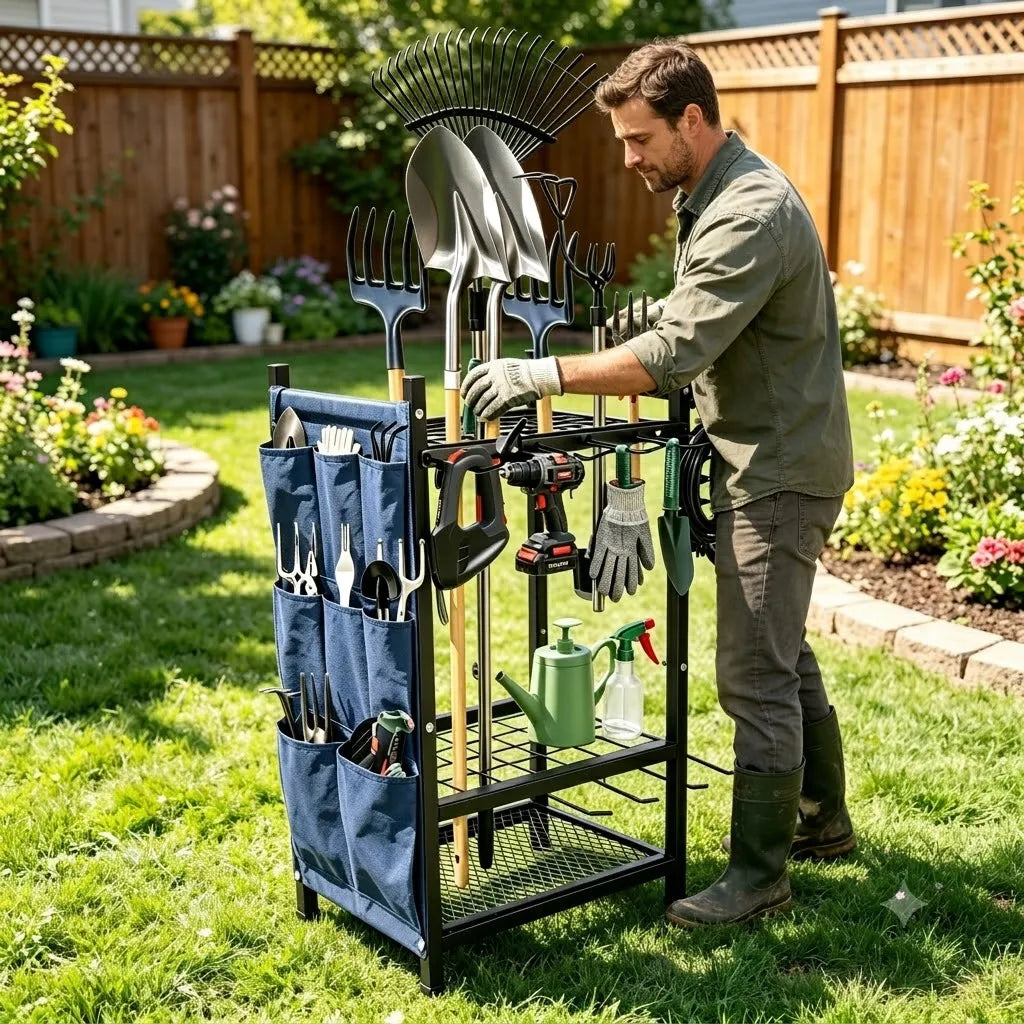 2 Pack Garden Tool Storage Organizer, Heavy Duty Black Metal Garage Tool Rack Set, Freestanding Yard Long Handle Tool Holder with Side Blue Storage Bags & Perforated Pegboard Utility Organizer for Lawn Shovel Rake Power Hand