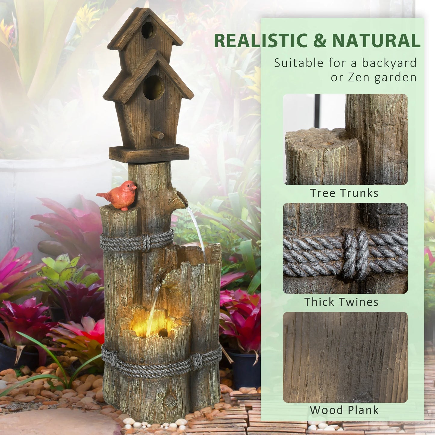 Tree Trunk Outdoor Fountain With Birdhouse