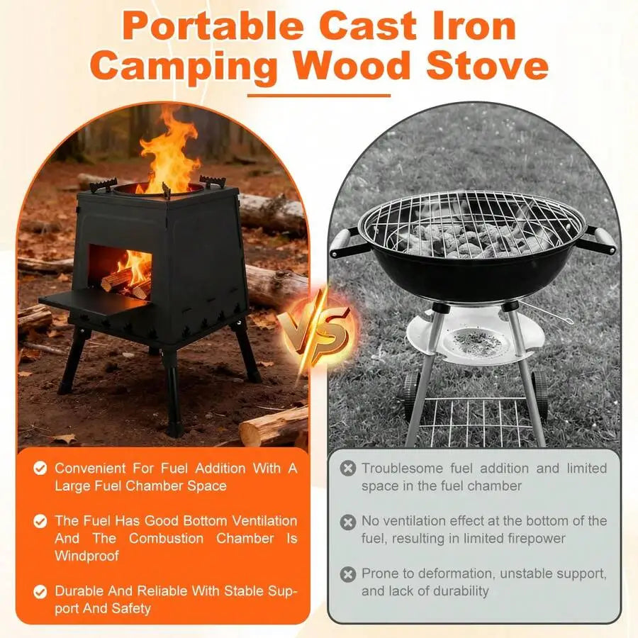 Wood Burning Camp Stove, Portable Cast Iron Camping Wood Stove, Black Woodstove With Carrying Case For Backpacking Outdoor Cooki