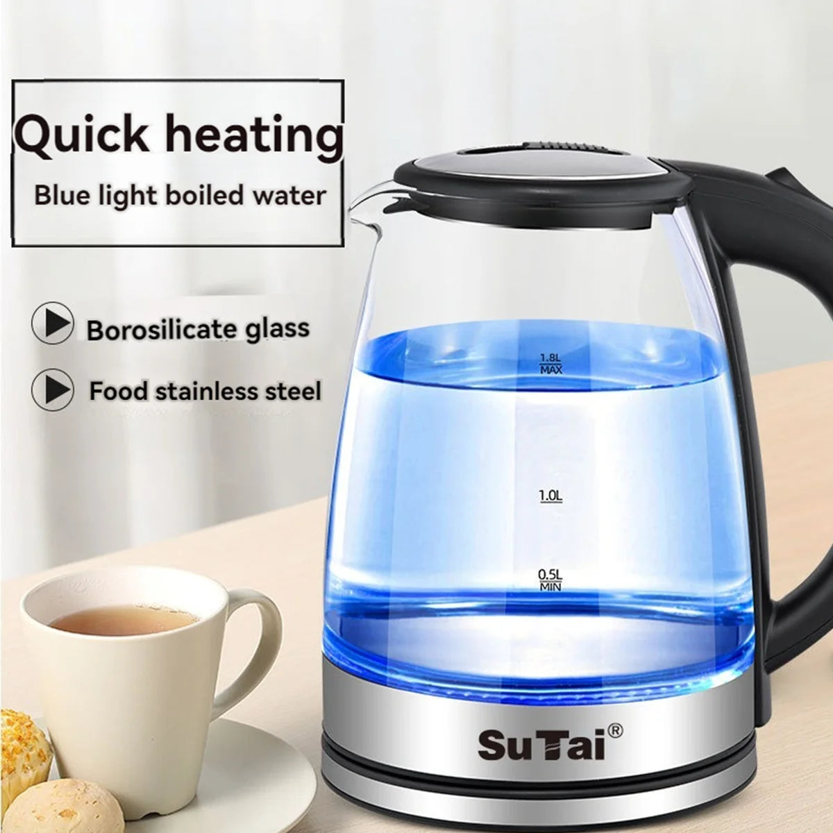 1000W Electric Glass Kettle With Stainless Steel