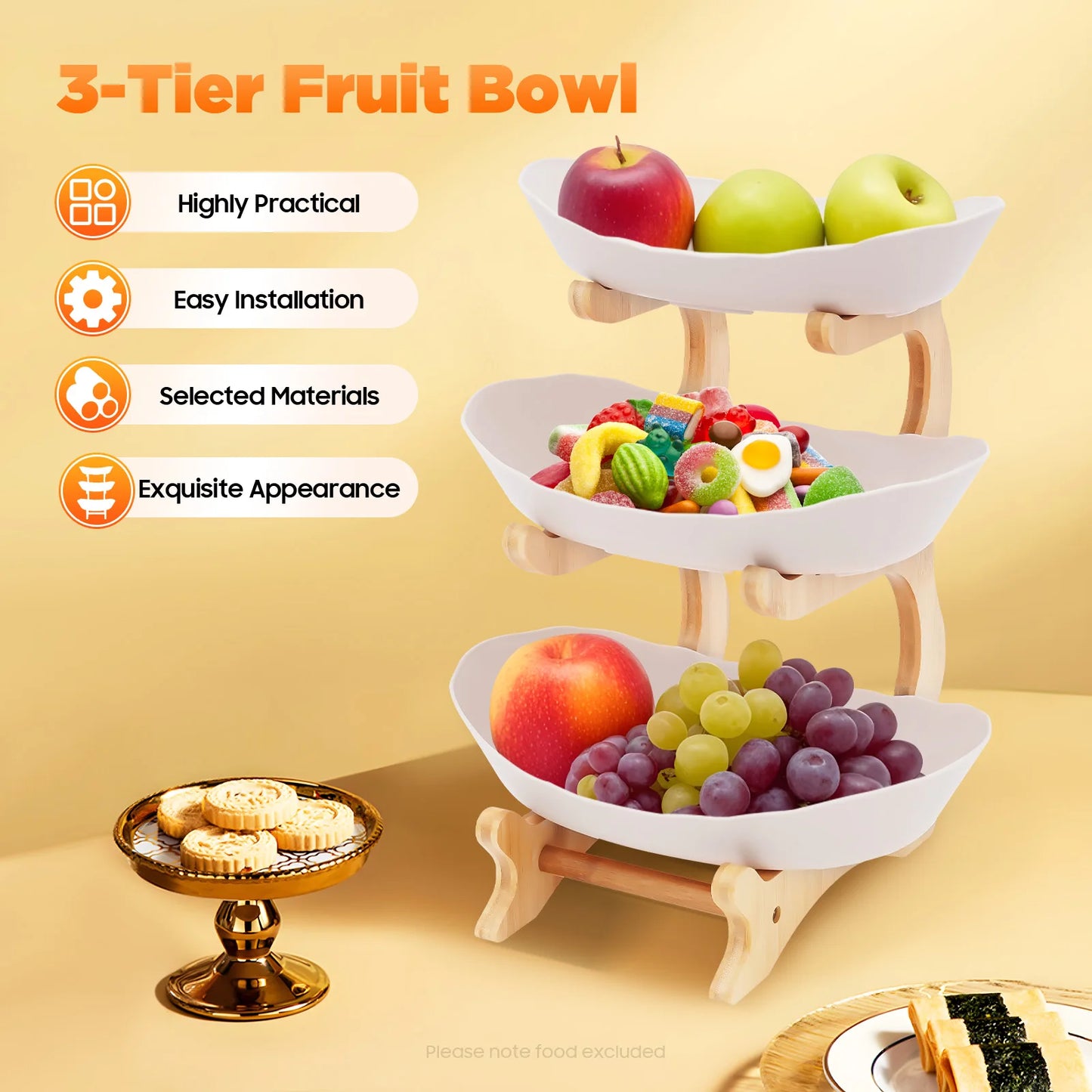3 Tier Fruit Plate With Bamboo Wood Stand