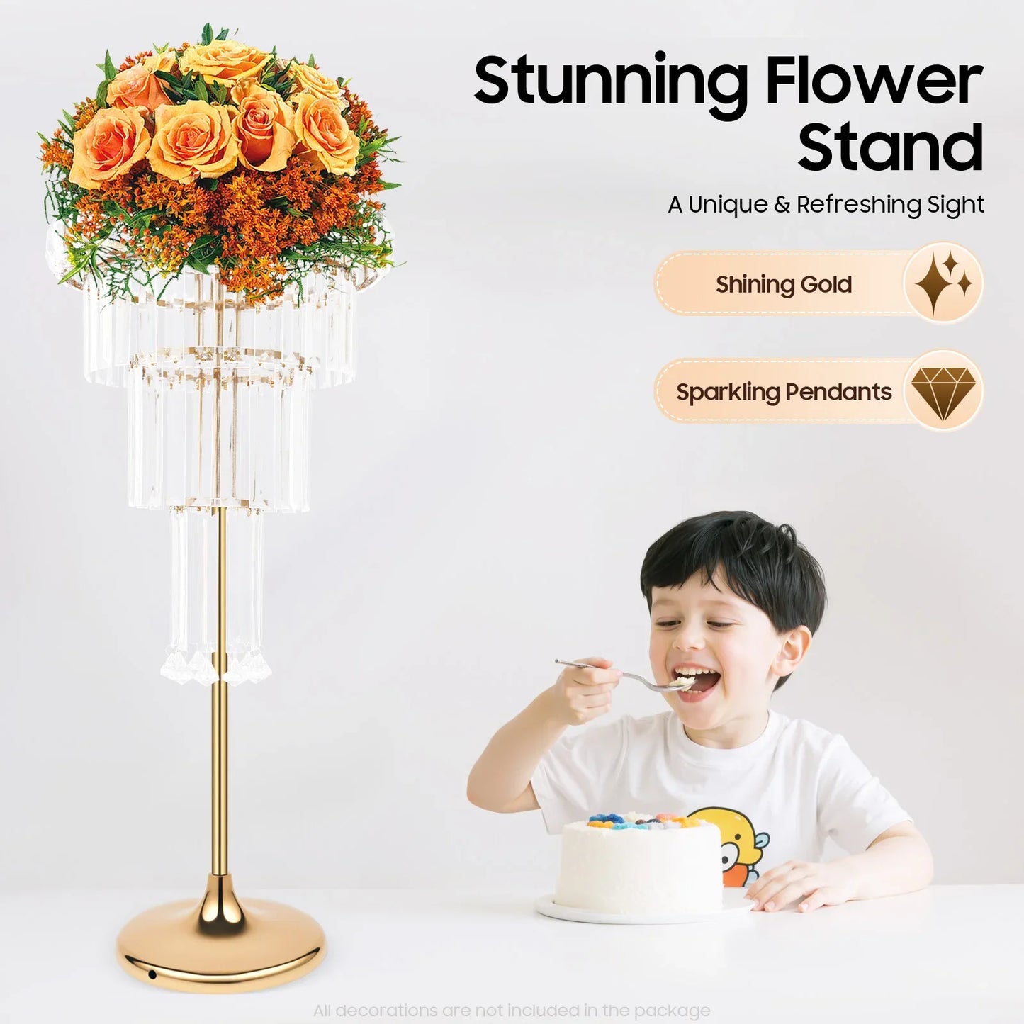 32-inch Tall Crystal Vase, 4-Tier Wedding Table,  Crystal Flower Pot, Free-Standing Flower Stand with Hanging Crystals and Base