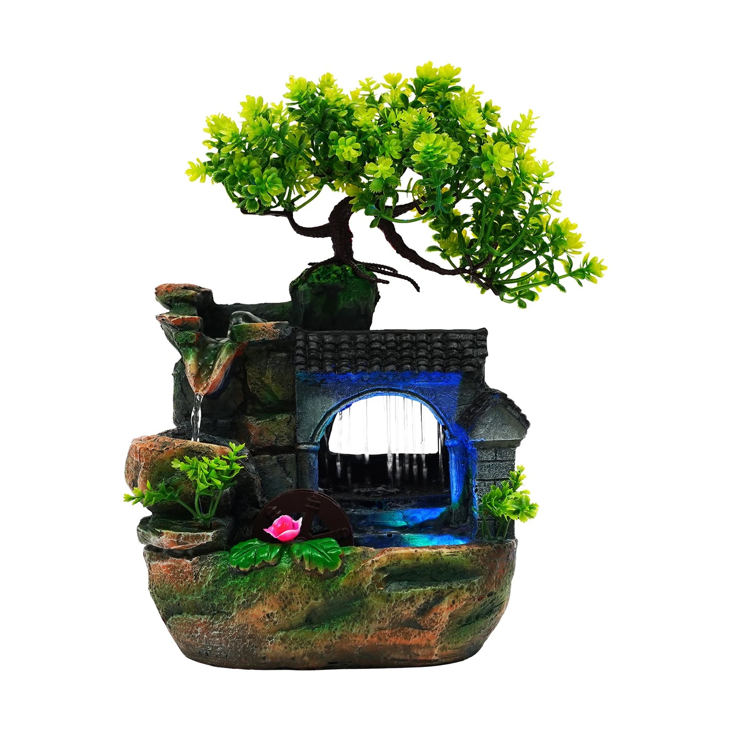 Tabletop Fountain Ornament, Tabletop Fountain, Flowing Water Resin Decor, Imitation Rock Bonsai, Durable Desktop Water Feature, Nature Style, 110V US Plug, Indoor Office Living Room Decoration, Hand-Carved Simulation Plant Wh