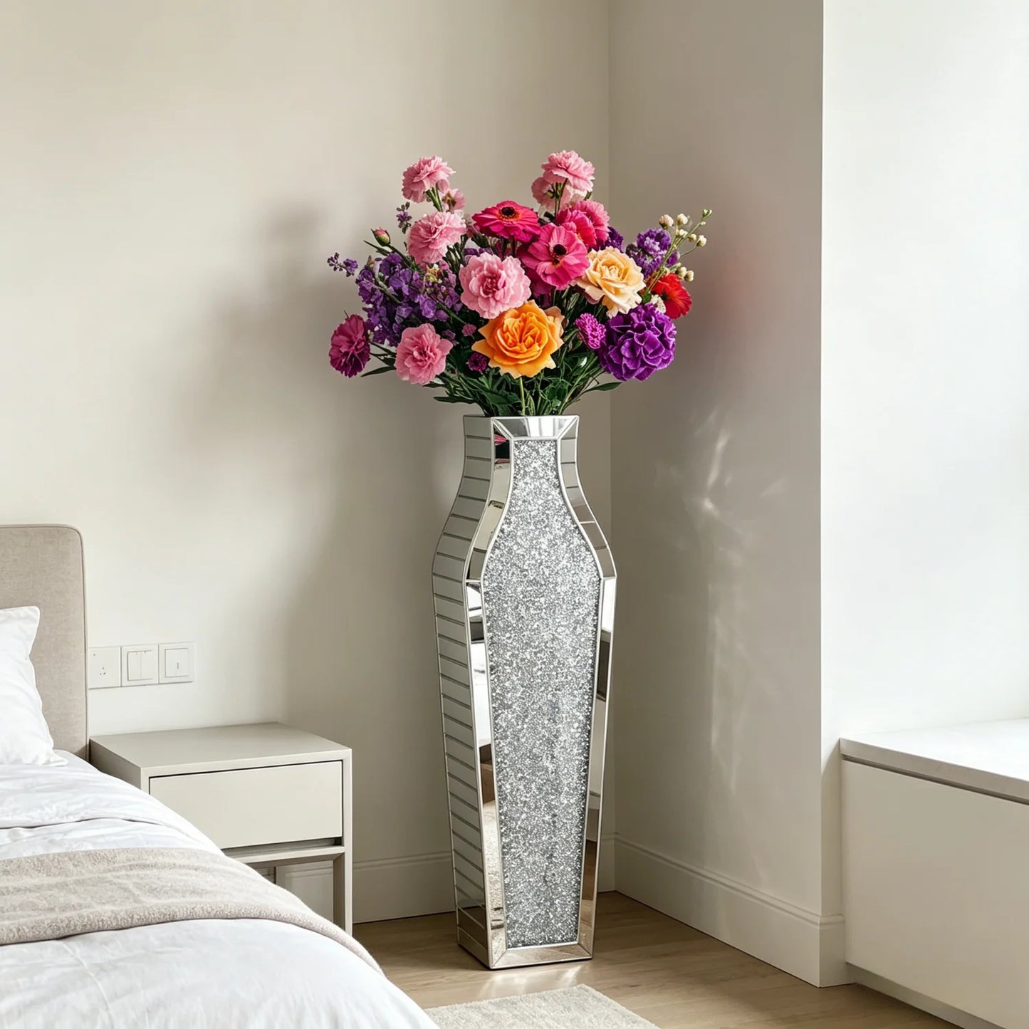 Various Styles,  Crushed Diamond Mirrored tall Vase.  Home Decor for Living Room Bedroom