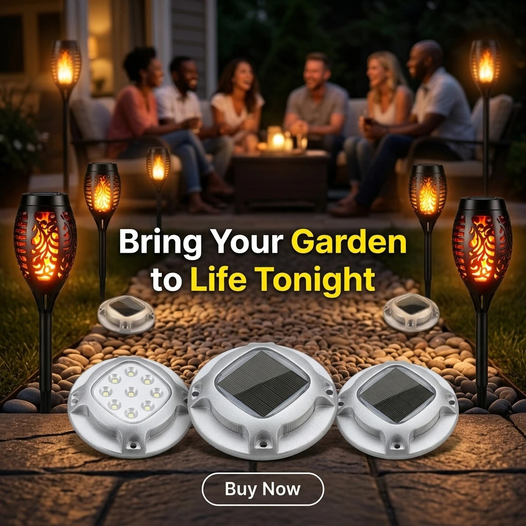 Solar Flame Torch And Ground Pathway Lights Set