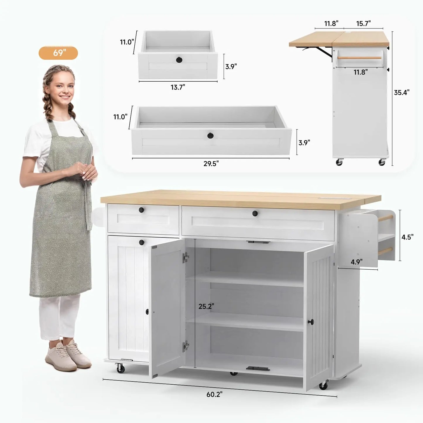 60" Mobile Kitchen rolling Island. Table Drop Leaf Cart with Power Outlet, Spice & Towel Rack.  Plus trash bin.