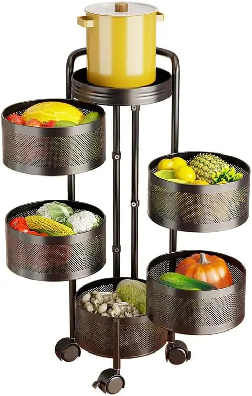 4-Tier /5-Tier Thickened Carbon Steel Rotating Kitchen Storage Cart with Wheels, Mobile Utility Rack with Top Lid, Fruit Vegetable Basket, Rotating Produce Organizer for Bathroom Living Room, No Assembly