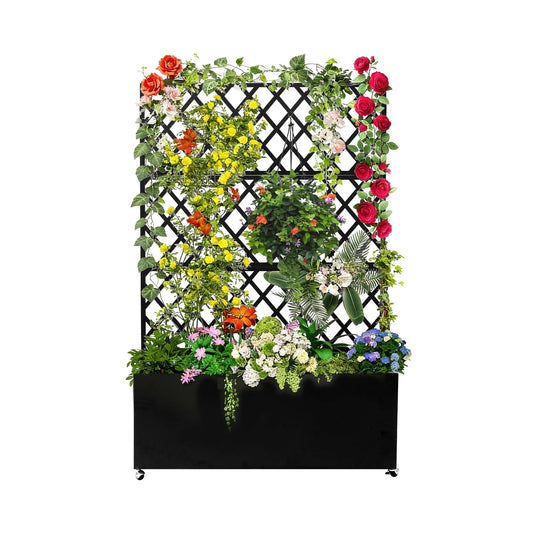 Galvanized Steel Raised Garden Bed With Trellis Privacy Screen, Locking Wheels & Drainage, Rolling Planter For Patio Deck Yard