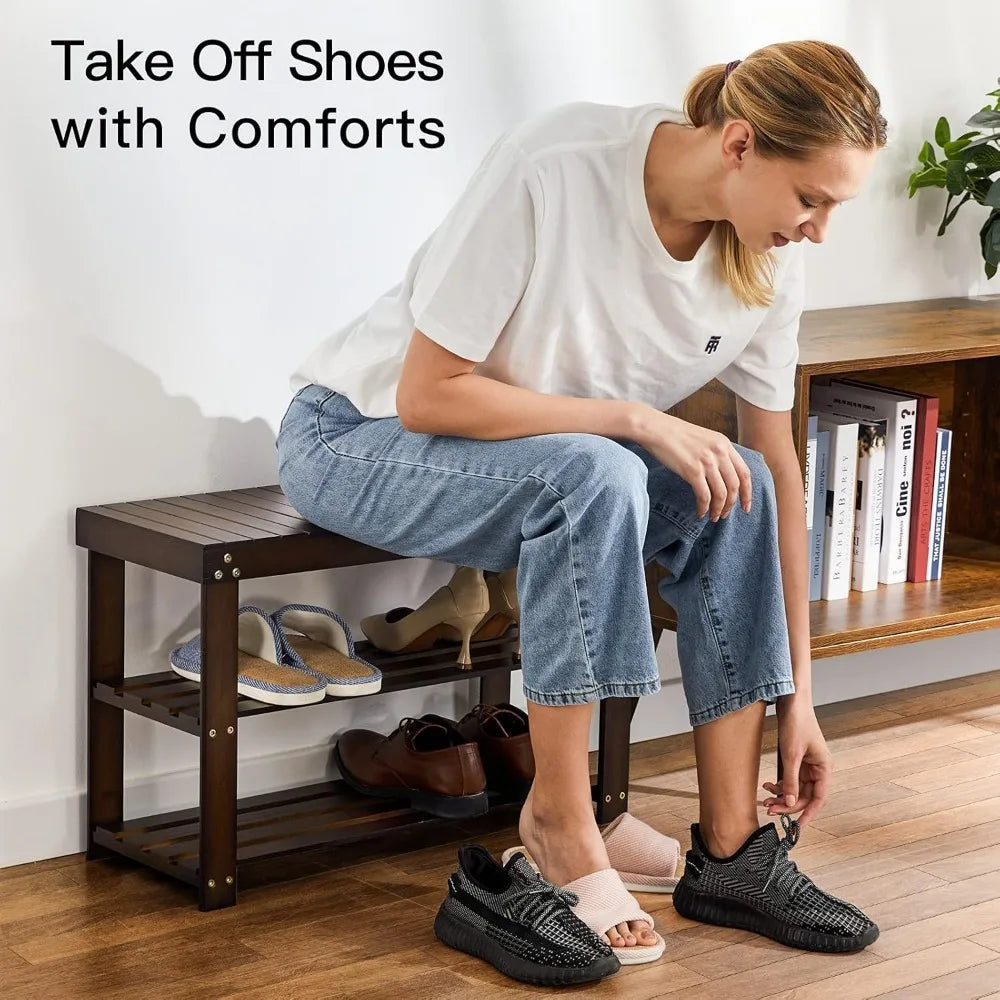 Three Tier Bamboo Shoe Bench Sturdy Organizer Holds 300lbs Entryway Bedroom Living Room Balcony