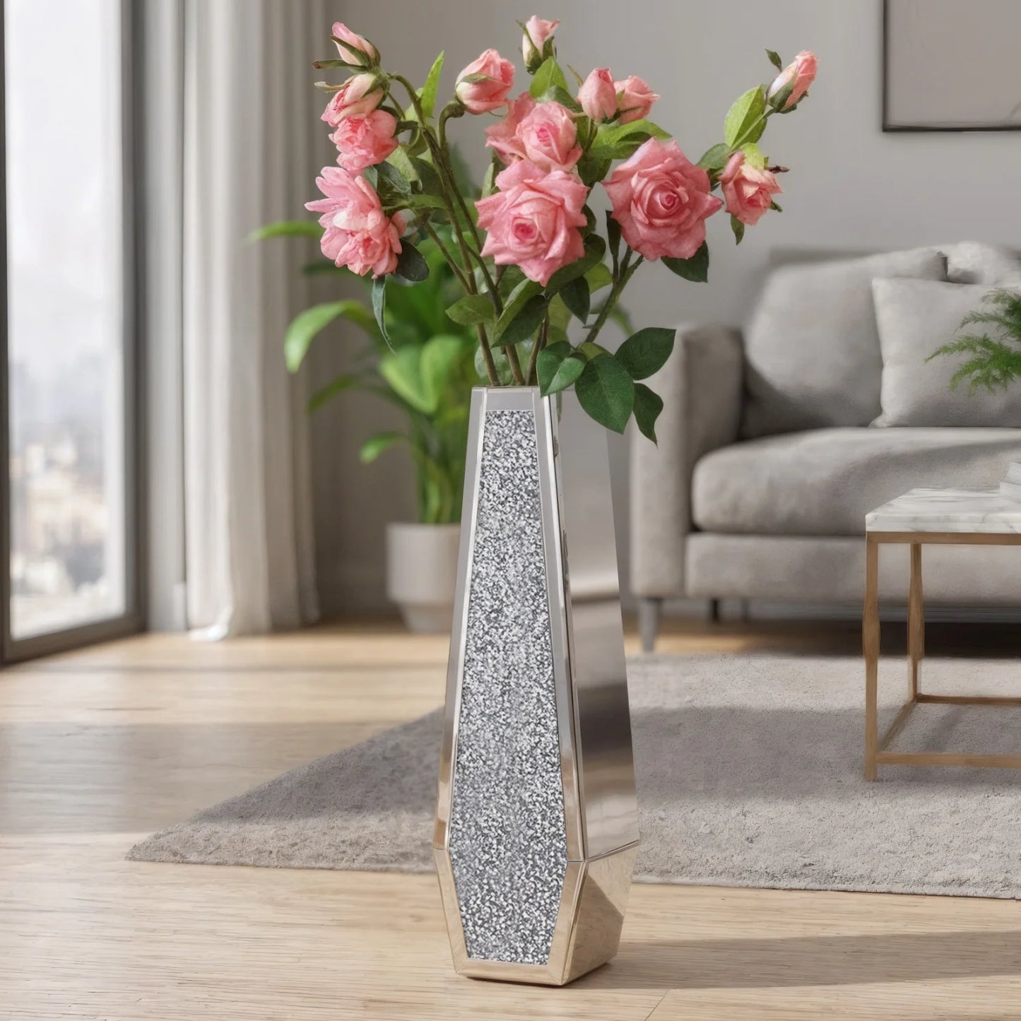 Various Styles,  Crushed Diamond Mirrored tall Vase.  Home Decor for Living Room Bedroom